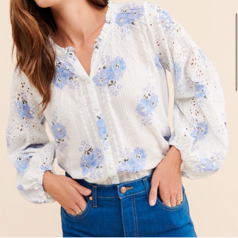 LoveShackFancy Spectra Floral Button down eyelet blouse white cotton blue floral